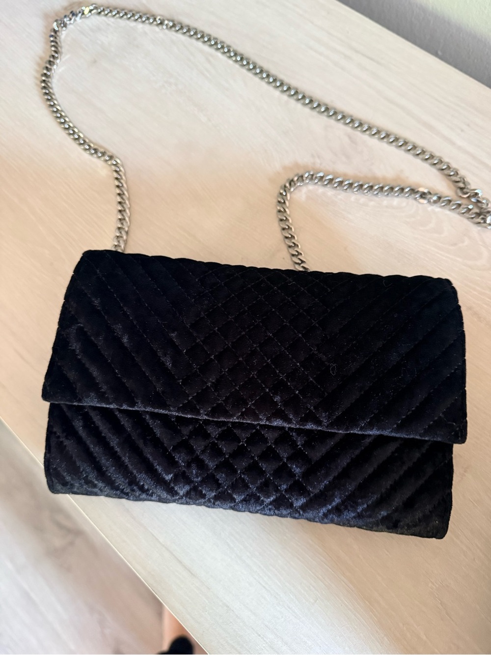 Vince Camuto Quilted Black Velvet Crossbody Bag with Silver Chain
